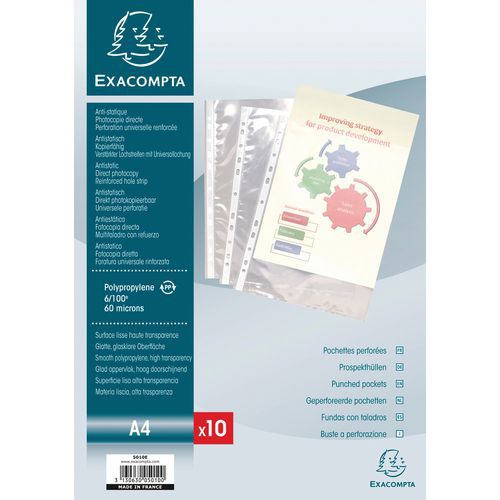 Sachet de 10 pochettes perforées pp lisse 6/100e - a4 Sachet de 10 pochettes perforées pp lisse 6/100e - a4