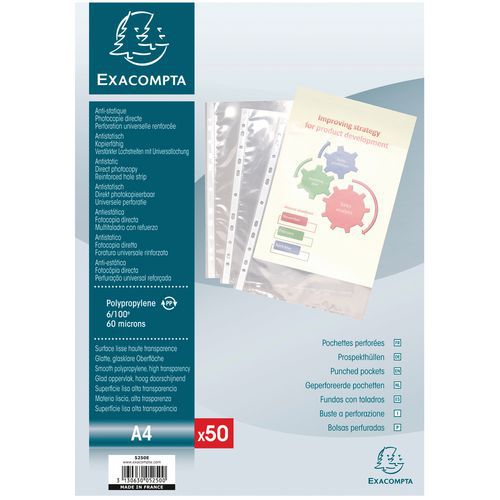 Sachet 50 pochettes perforées polypropylène lisse 6/100e A4 Sachet 50 pochettes perforées polypropylène lisse 6/100e A4