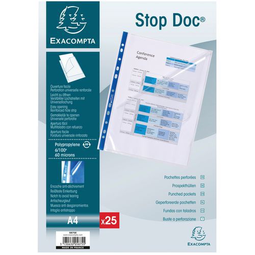 Sachet de 25 pochettes perforées stop doc ouverture coin A4 Sachet de 25 pochettes perforées stop doc ouverture coin A4