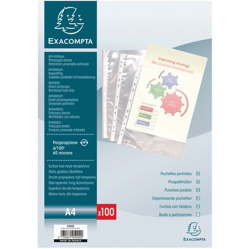 Etui carton de 100 pochettes perforées pp lisse 6/100e - a4 Etui carton de 100 pochettes perforées pp lisse 6/100e - a4