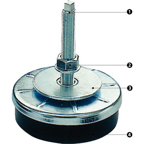1 - stang met schroefdraad2 - tegenbout en klemring voor bevestiging in de machine3 - stalen steunplaat4 - dempingselement in nitrilrubber machine 1 - stang met schroefdraad2 - tegenbout en klemring voor bevestiging in de machine3 - stalen steunplaat4 - dempingselement in nitrilrubber machine