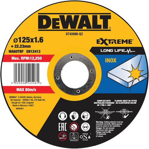 Disque a tronconner inox Ø125x22,2x1.6mm moyeu plat - Dewalt Disque a tronconner inox Ø125x22,2x1.6mm moyeu plat - Dewalt