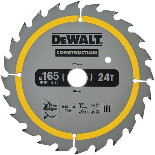 Cirkelzaagblad voor Hout Constructie Ø165x20mm 24T - Dewalt Cirkelzaagblad voor Hout Constructie Ø165x20mm 24T - Dewalt