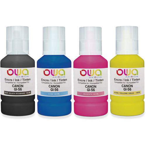 Bouteille d'encre compatible Canon GI-56 - 4 couleurs - Owa Bouteille d'encre compatible Canon GI-56 - 4 couleurs - Owa