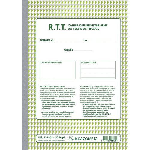 Doorschrijfpapier RTT arbeidstijdregistratie zelfkopierend papier FR Doorschrijfpapier RTT arbeidstijdregistratie zelfkopierend papier FR