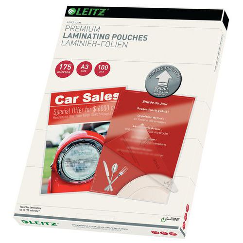 Pochettes de plastification UDT, A3, 175 microns, pack de 100 Leitz Pochettes de plastification UDT, A3, 175 microns, pack de 100 Leitz