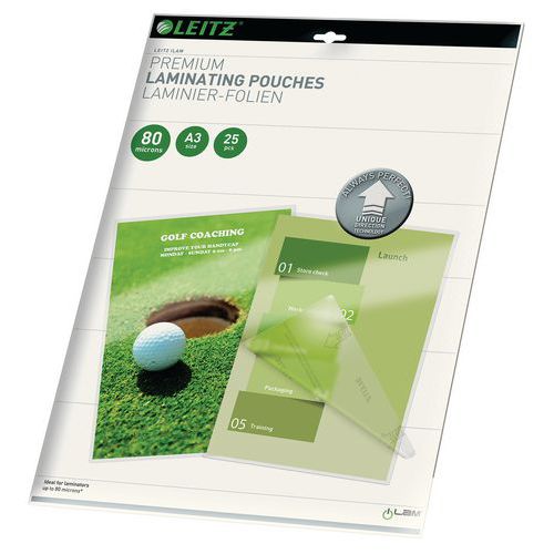 Pochettes de plastification UDT, A3, 80 microns, pack de 25 Leitz Pochettes de plastification UDT, A3, 80 microns, pack de 25 Leitz