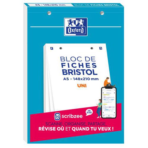 Bloc bristol 148x210 30 fiches perforees uni blanc - Oxford Bloc bristol 148x210 30 fiches perforees uni blanc - Oxford