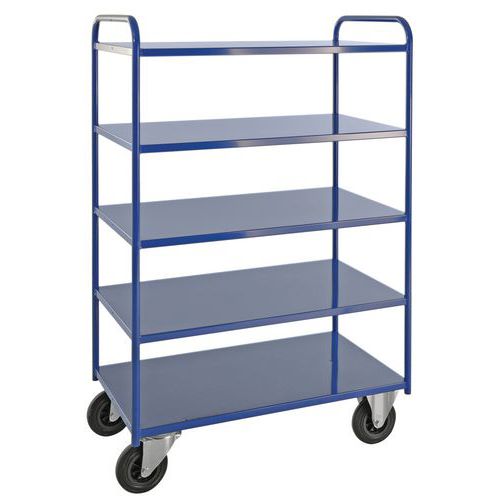 Chariot de transport 5 tablettes soudées 2 roues pivotantes avec frein Chariot de transport 5 tablettes soudées 2 roues pivotantes avec frein