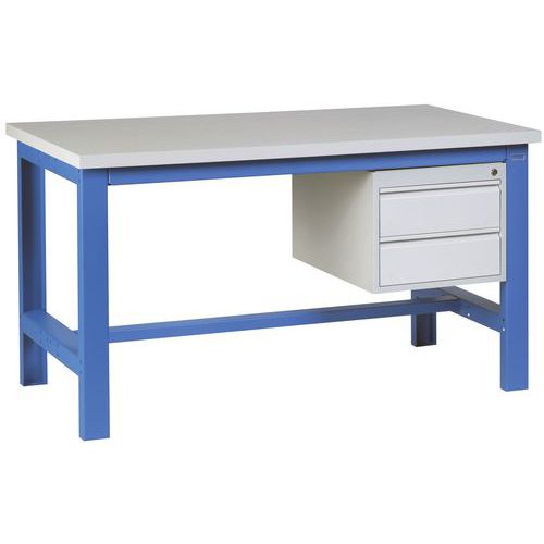 Werkbank SI40 gemelamineerd blad 38 mm + 2 laden, onderstel blauw RAL 5015 Werkbank SI40 gemelamineerd blad 38 mm + 2 laden, onderstel blauw RAL 5015