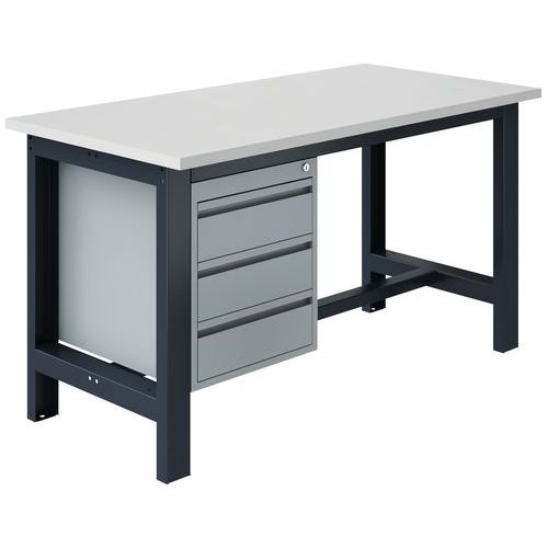 Vaste werkbank SI40 gelamineerd blad + 3 lades met antraciet onderstel RAL 7016 Vaste werkbank SI40 gelamineerd blad + 3 lades met antraciet onderstel RAL 7016
