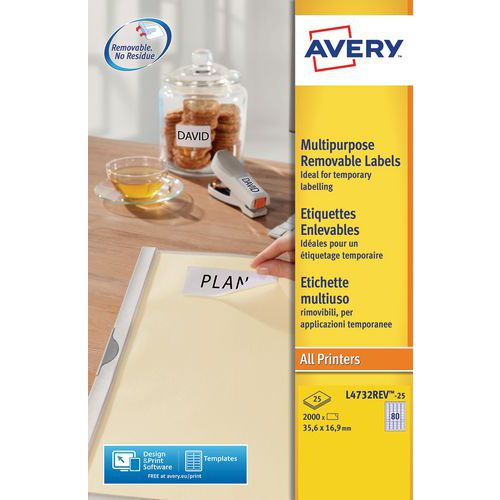 Herplaatsbaar Wit Etiket Avery - Voor Laser-, Inkjetprinter, Kopieerapparaat